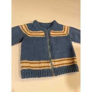 Vintage Hand-Knit Blue Sweater For Kids With White & Tan Stripes Zipper Front Cl